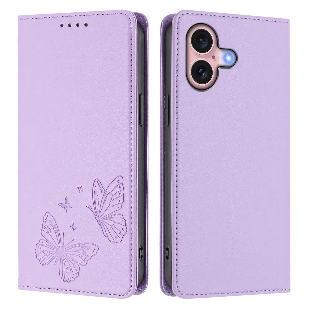 For iPhone 16 Wallet Case RFID Blocking Butterfly Imprinted Magnetic Flip Leather Cover - Light Purple - 1