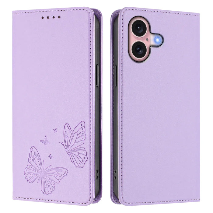 For iPhone 16 Wallet Case RFID Blocking Butterfly Imprinted Magnetic Flip Leather Cover - Light Purple - 1