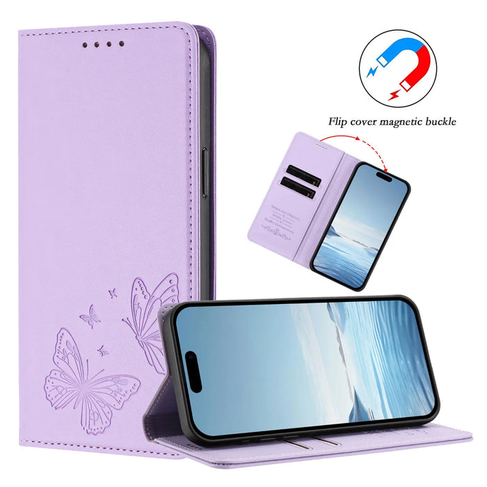 For iPhone 16 Wallet Case RFID Blocking Butterfly Imprinted Magnetic Flip Leather Cover - Light Purple - 4
