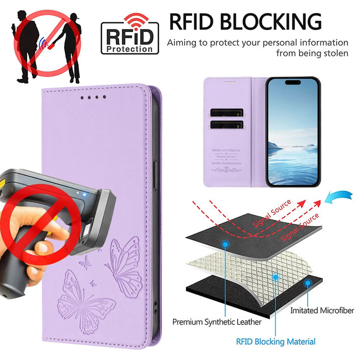 For iPhone 16 Wallet Case RFID Blocking Butterfly Imprinted Magnetic Flip Leather Cover - Light Purple - 6