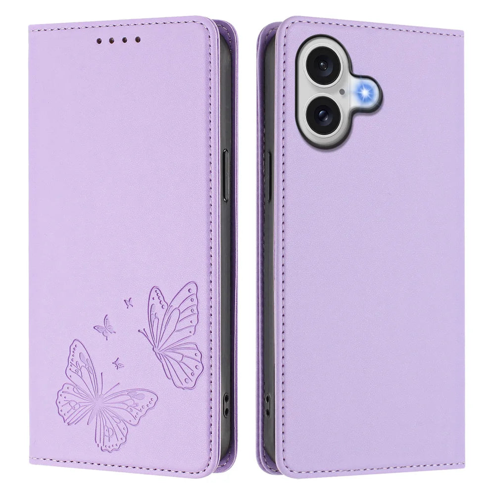 For iPhone 17e / iPhone 17 Wallet Case RFID Blocking Butterfly Imprinted Magnetic Flip Leather Cover - Light Purple - 1