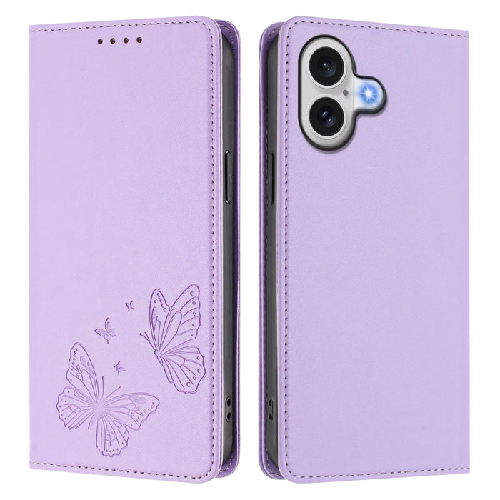 For iPhone 17e / iPhone 17 Wallet Case RFID Blocking Butterfly Imprinted Magnetic Flip Leather Cover - Light Purple - 1