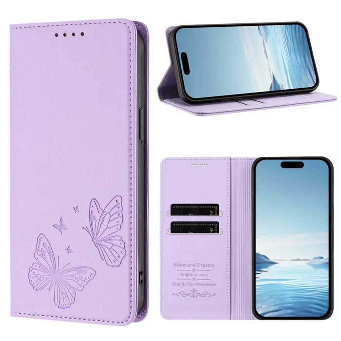 For iPhone 17e / iPhone 17 Wallet Case RFID Blocking Butterfly Imprinted Magnetic Flip Leather Cover - Light Purple - 7