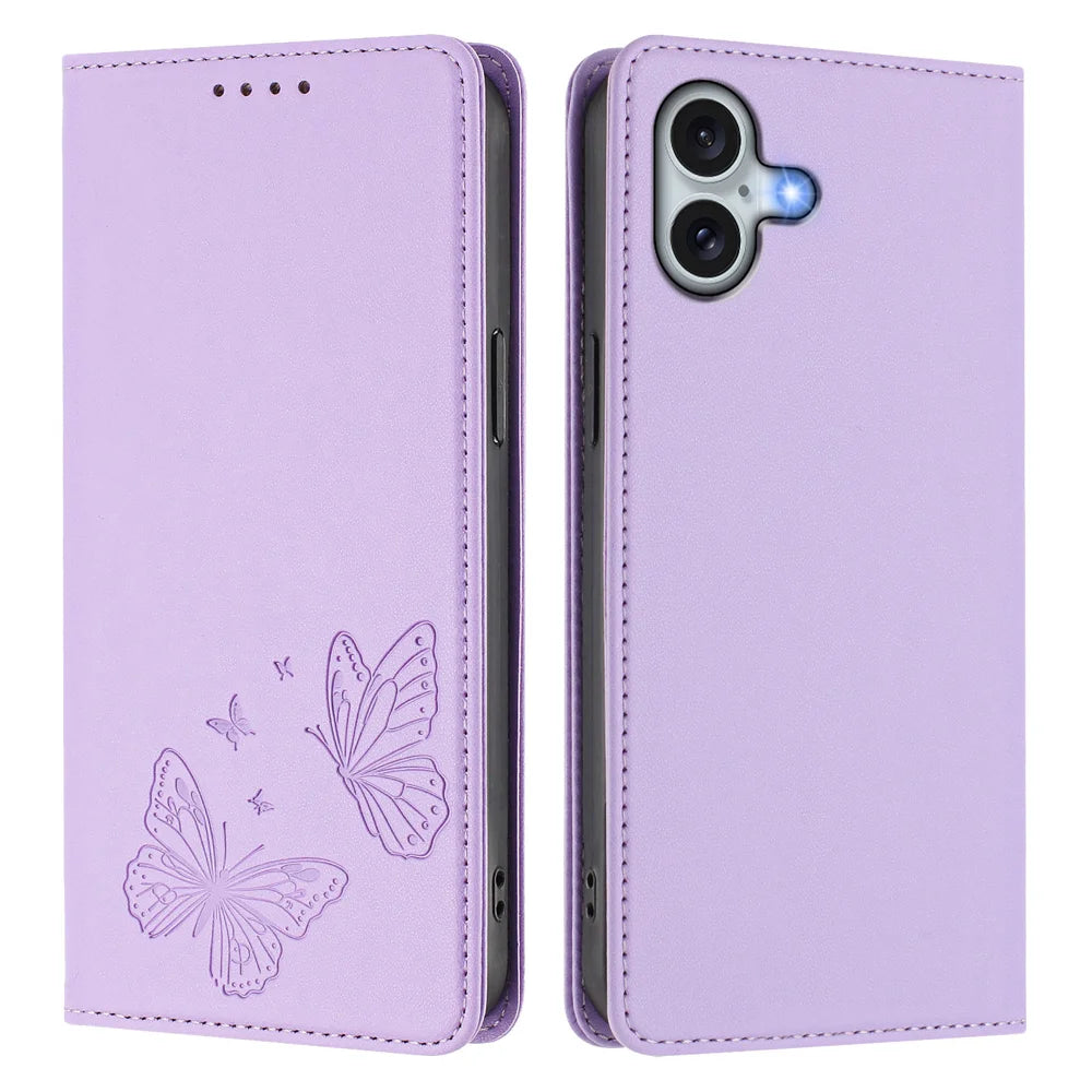 For iPhone 16 Plus Wallet Case RFID Blocking Butterfly Imprinted Magnetic Flip Leather Cover - Light Purple - 1