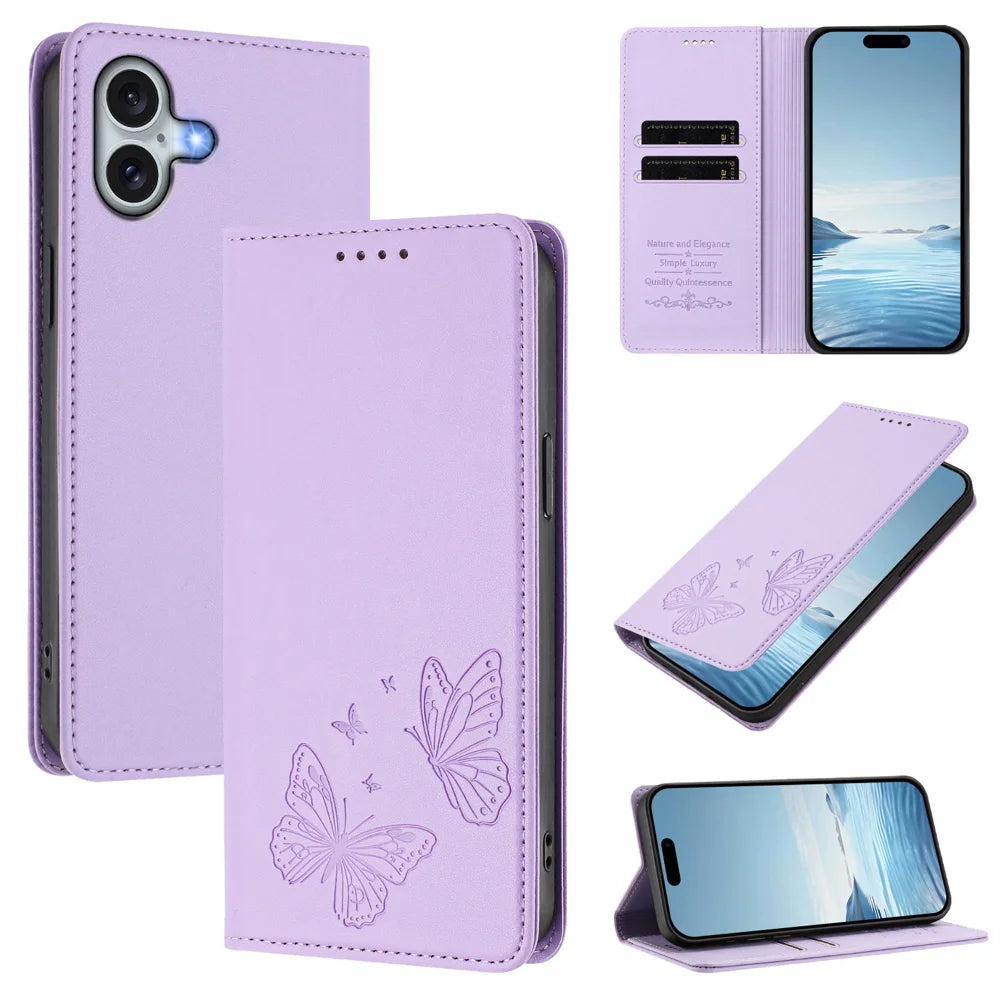 For iPhone 16 Plus Wallet Case RFID Blocking Butterfly Imprinted Magnetic Flip Leather Cover - Light Purple - 2