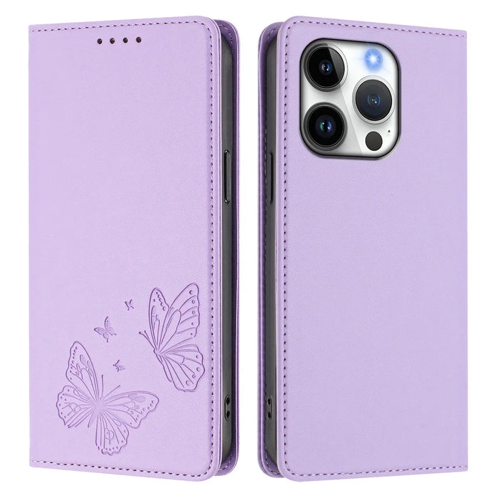 For iPhone 16 Pro Wallet Case RFID Blocking Butterfly Imprinted Magnetic Flip Leather Cover - Light Purple - 1