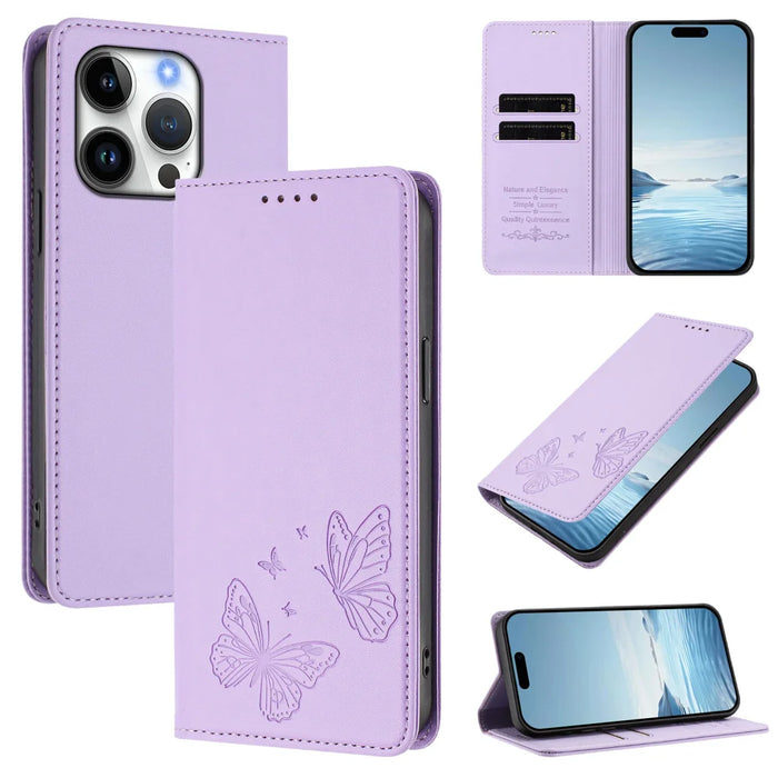 For iPhone 16 Pro Wallet Case RFID Blocking Butterfly Imprinted Magnetic Flip Leather Cover - Light Purple - 2
