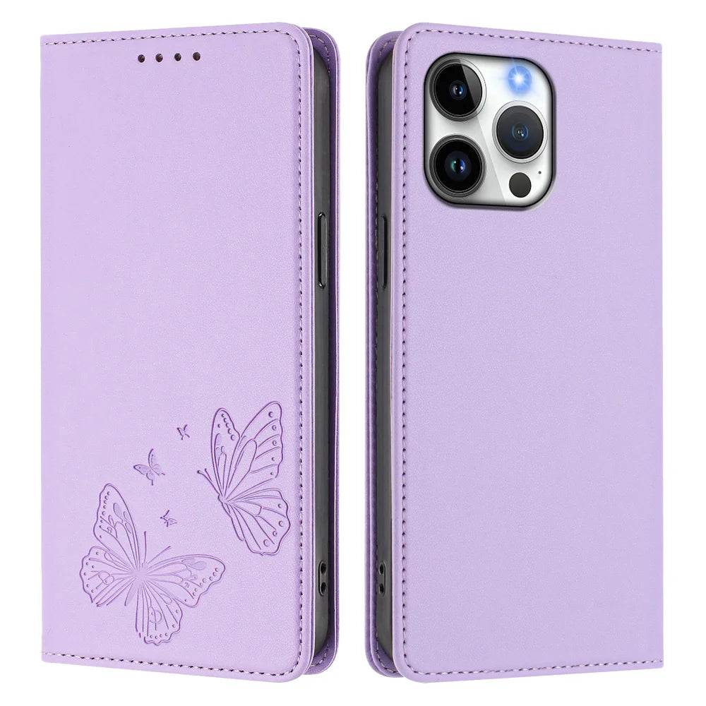 For iPhone 16 Pro Max Wallet Case RFID Blocking Butterfly Imprinted Magnetic Flip Leather Cover - Light Purple - 1