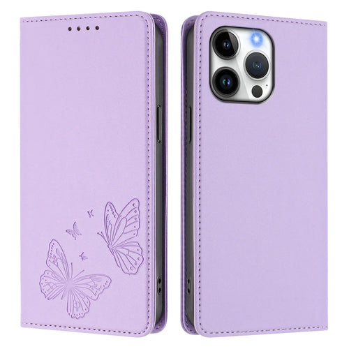 For iPhone 16 Pro Max Wallet Case RFID Blocking Butterfly Imprinted Magnetic Flip Leather Cover - Light Purple - 1