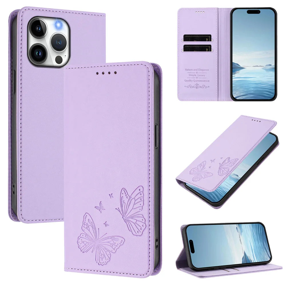 For iPhone 16 Pro Max Wallet Case RFID Blocking Butterfly Imprinted Magnetic Flip Leather Cover - Light Purple - 2