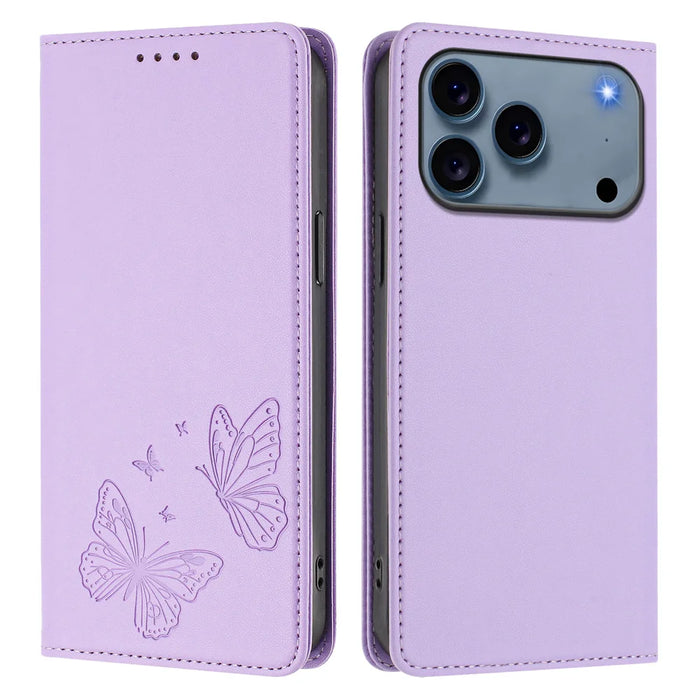 For iPhone 18 Pro / 17 Pro Wallet Case RFID Blocking Butterfly Imprinted Magnetic Flip Leather Cover - Light Purple - 1