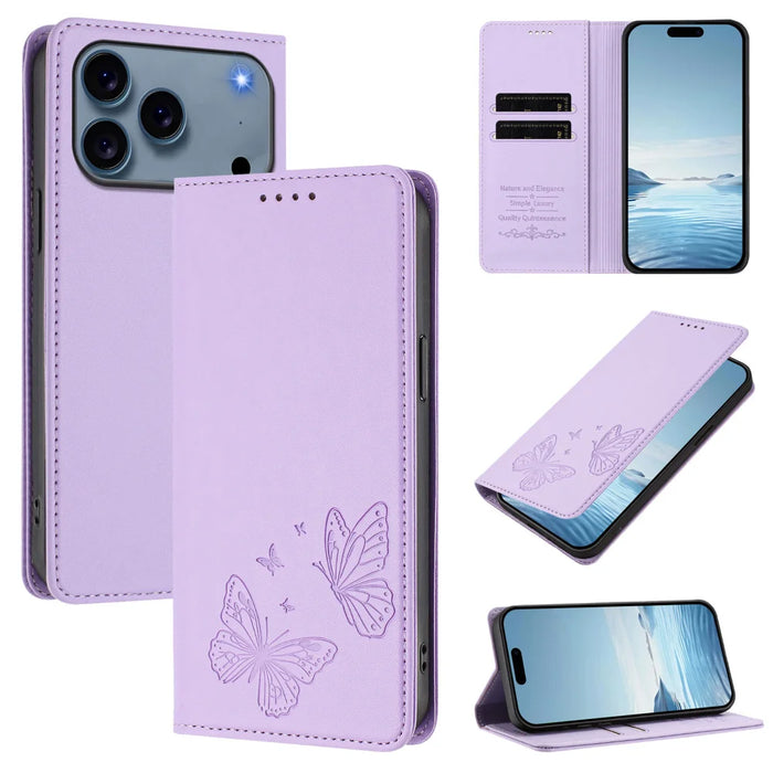 For iPhone 18 Pro / 17 Pro Wallet Case RFID Blocking Butterfly Imprinted Magnetic Flip Leather Cover - Light Purple - 2