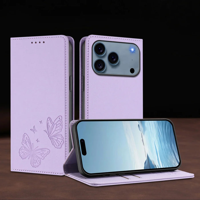 For iPhone 18 Pro / 17 Pro Wallet Case RFID Blocking Butterfly Imprinted Magnetic Flip Leather Cover - Light Purple - 3