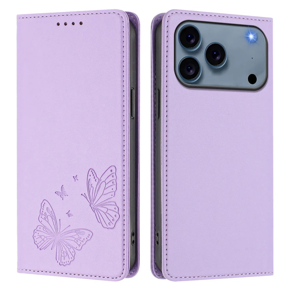For iPhone 18 Pro Max / 17 Pro Max Wallet Case RFID Blocking Butterfly Imprinted Magnetic Flip Leather Cover - Light Purple - 1