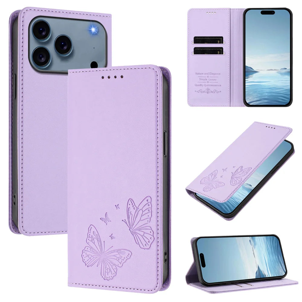 For iPhone 18 Pro Max / 17 Pro Max Wallet Case RFID Blocking Butterfly Imprinted Magnetic Flip Leather Cover - Light Purple - 2