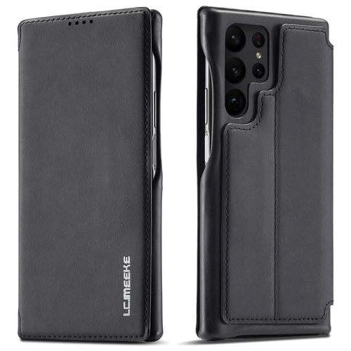 LC.IMEEKE For Samsung Galaxy S23 Ultra PU Leather Shockproof Cover Phone Stand Case with Card Slot - Black - 1