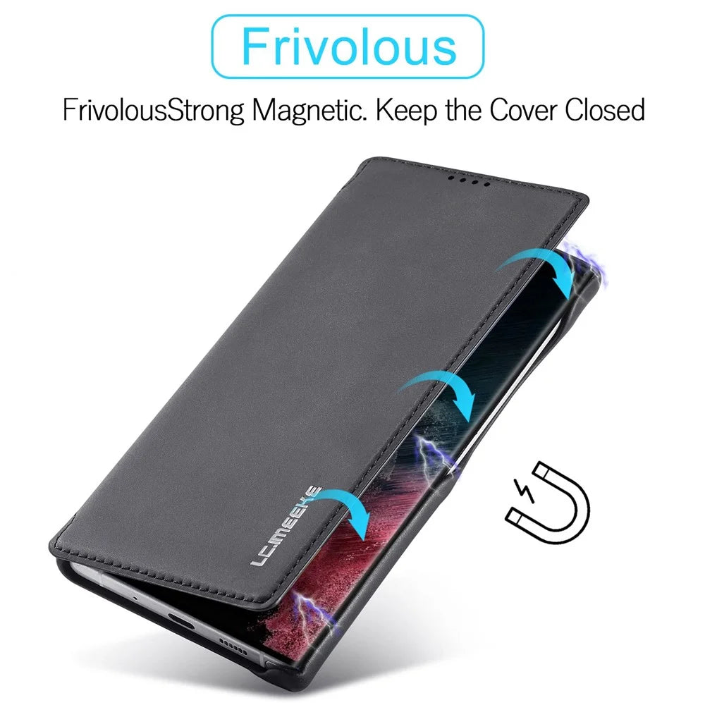LC.IMEEKE For Samsung Galaxy S23 Ultra PU Leather Shockproof Cover Phone Stand Case with Card Slot - Black - 5