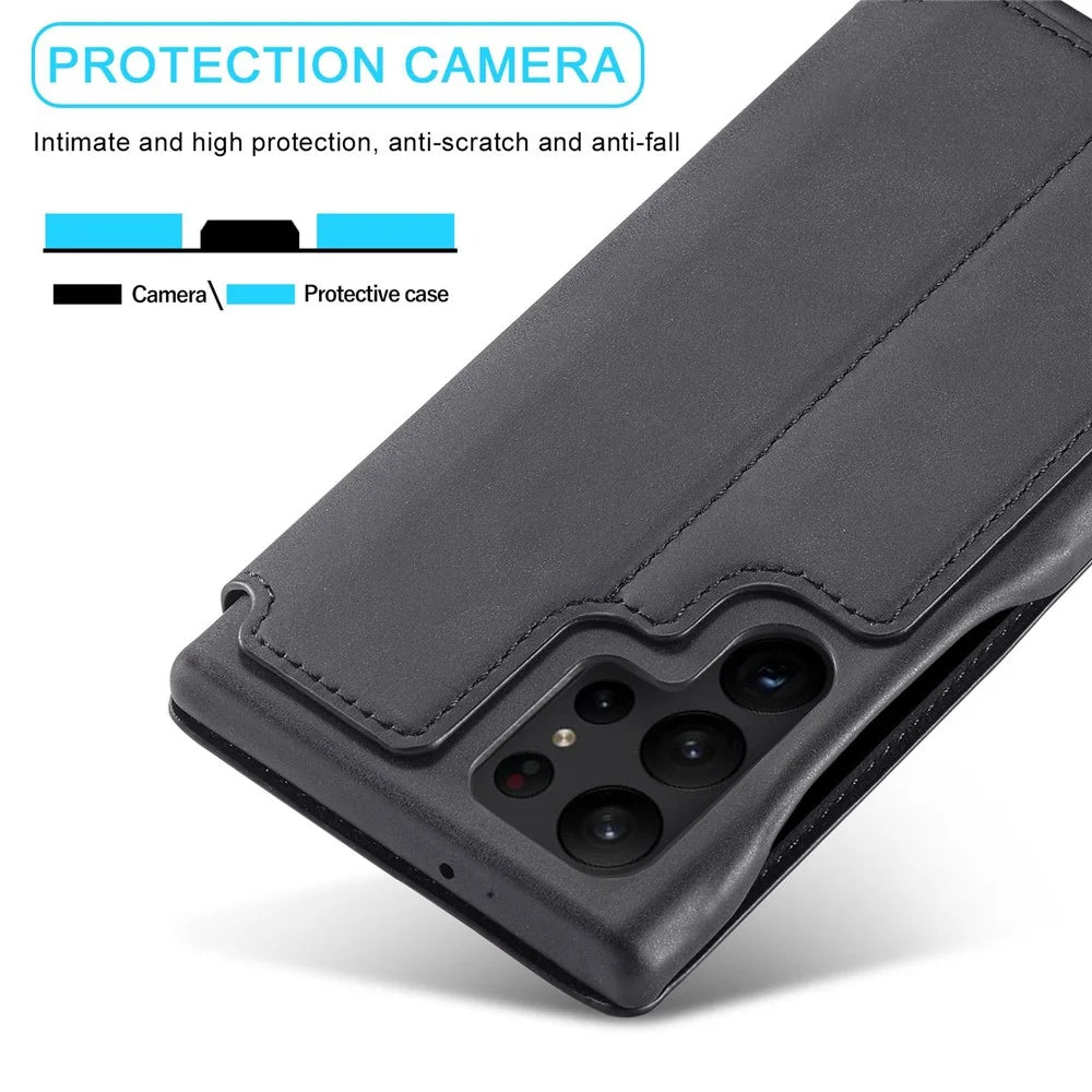 LC.IMEEKE For Samsung Galaxy S23 Ultra PU Leather Shockproof Cover Phone Stand Case with Card Slot - Black - 6