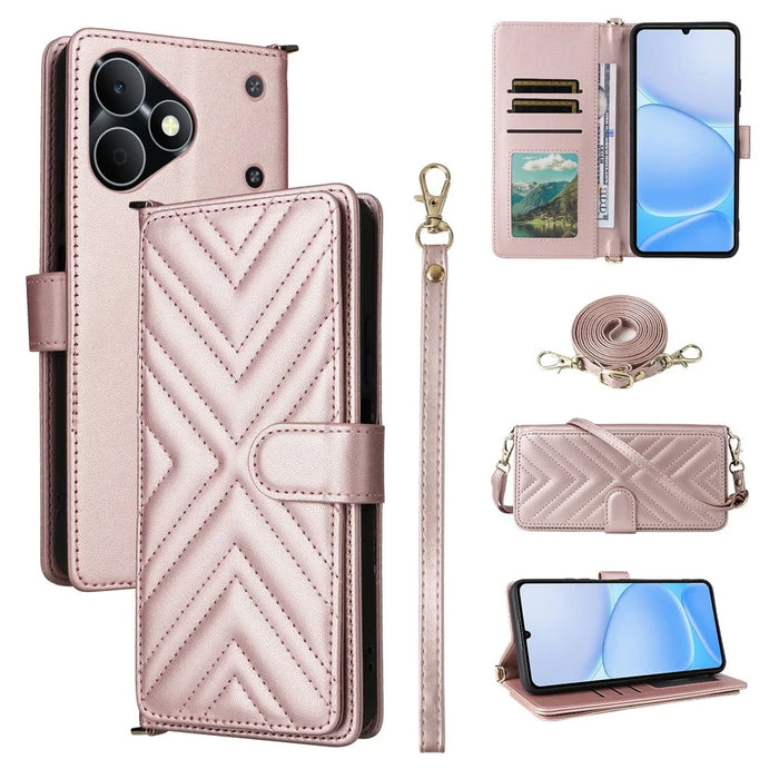 For Realme Note 80 4G Leather Case Stand Wallet Phone Cover with Shoulder  /  Wrist Strap - Pink - 1