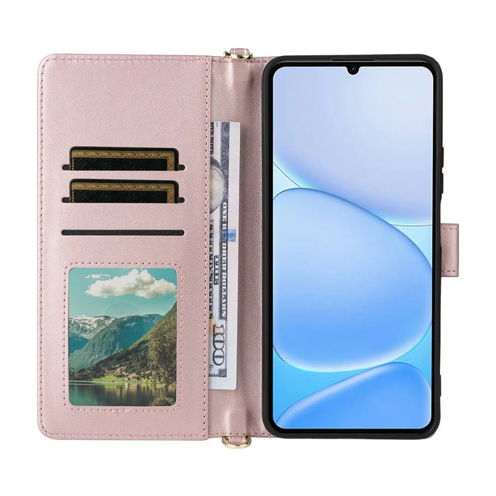 For Realme Note 80 4G Leather Case Stand Wallet Phone Cover with Shoulder  /  Wrist Strap - Pink - 3