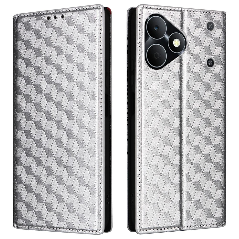 For Realme Note 80 4G Case Wallet Rhombus Imprinted PU Leather Phone Cover - Silver - 1
