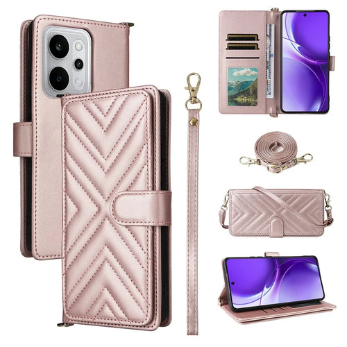 For Realme P4 Power 5G Leather Case Stand Wallet Phone Cover with Shoulder  /  Wrist Strap - Pink - 1