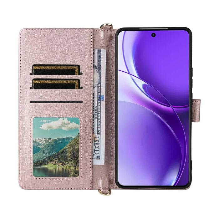 For Realme P4 Power 5G Leather Case Stand Wallet Phone Cover with Shoulder  /  Wrist Strap - Pink - 2