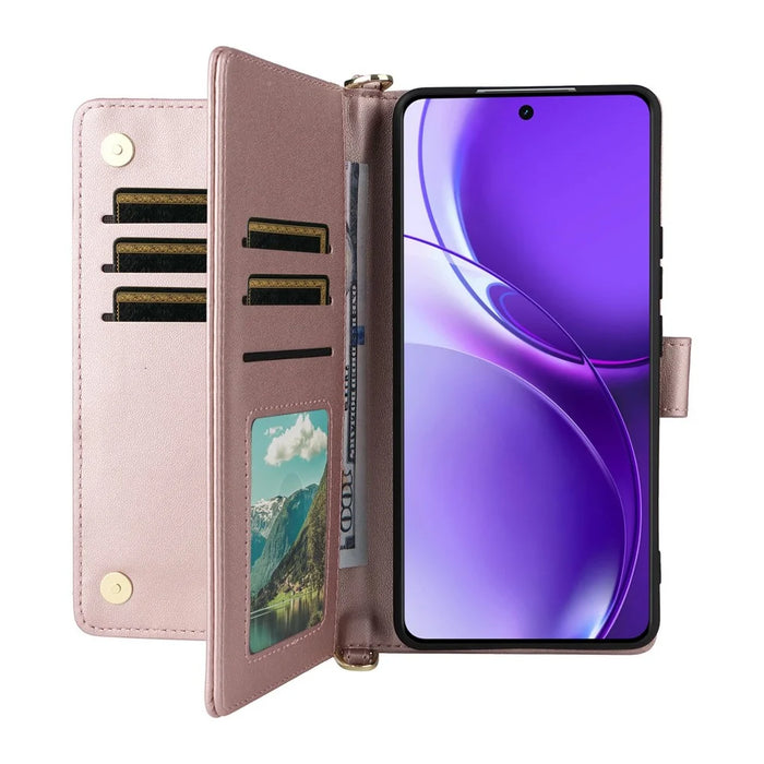 For Realme P4 Power 5G Leather Case Stand Wallet Phone Cover with Shoulder  /  Wrist Strap - Pink - 4