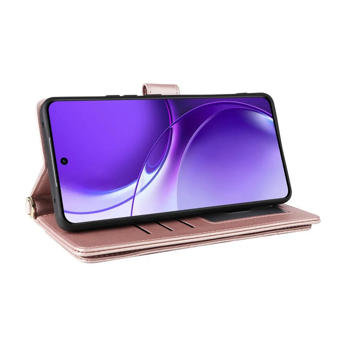 For Realme P4 Power 5G Leather Case Stand Wallet Phone Cover with Shoulder  /  Wrist Strap - Pink - 5