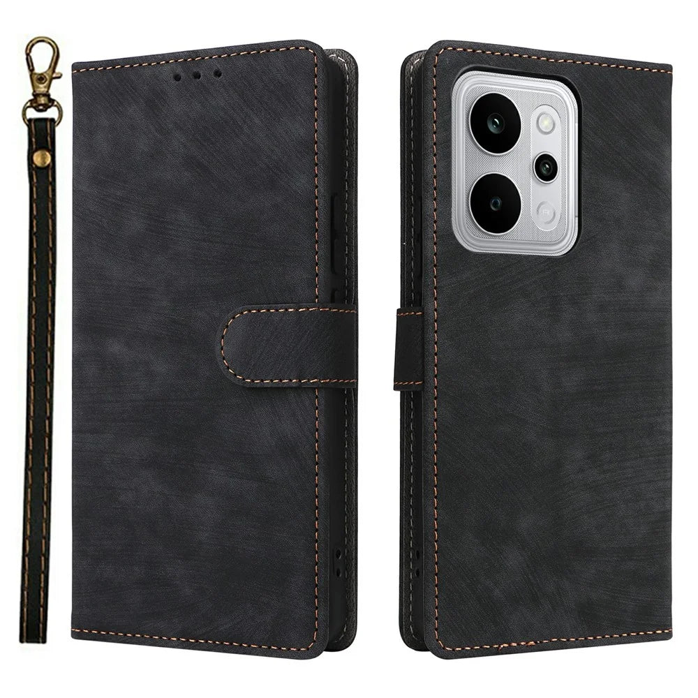 For Realme P4 Power 5G Case Wallet RFID Blocking PU Leather Phone Cover Stand with Strap - Black - 1