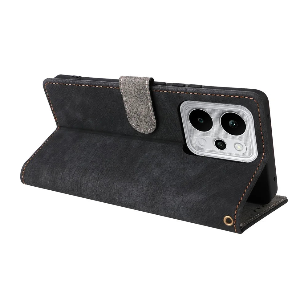 For Realme P4 Power 5G Case Wallet RFID Blocking PU Leather Phone Cover Stand with Strap - Black - 5