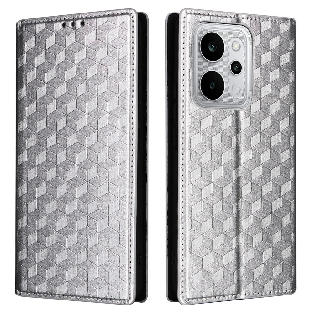For Realme P4 Power 5G Case Wallet Rhombus Imprinted PU Leather Phone Cover - Silver - 1