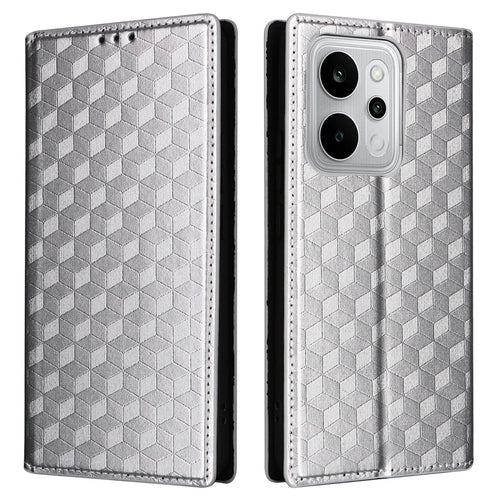 For Realme P4 Power 5G Case Wallet Rhombus Imprinted PU Leather Phone Cover - Silver - 1