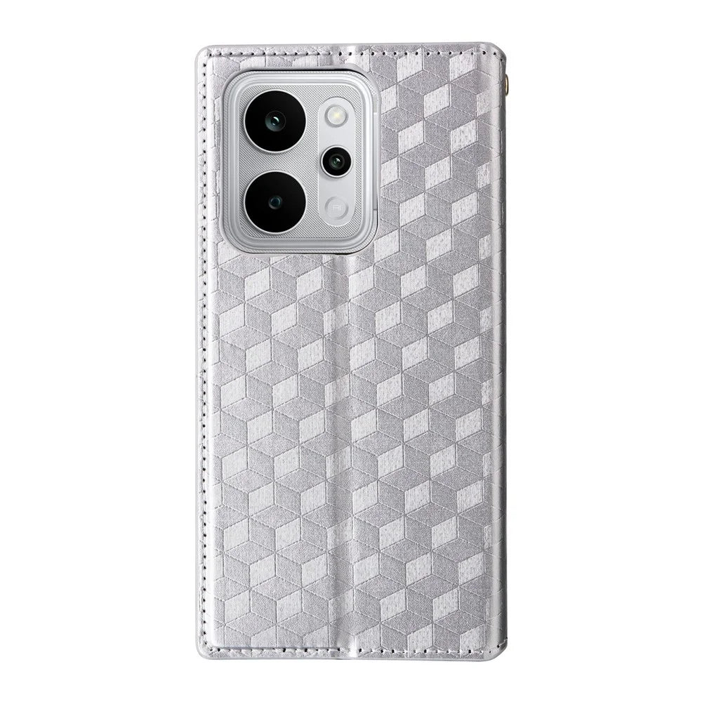 For Realme P4 Power 5G Case Wallet Rhombus Imprinted PU Leather Phone Cover - Silver - 7