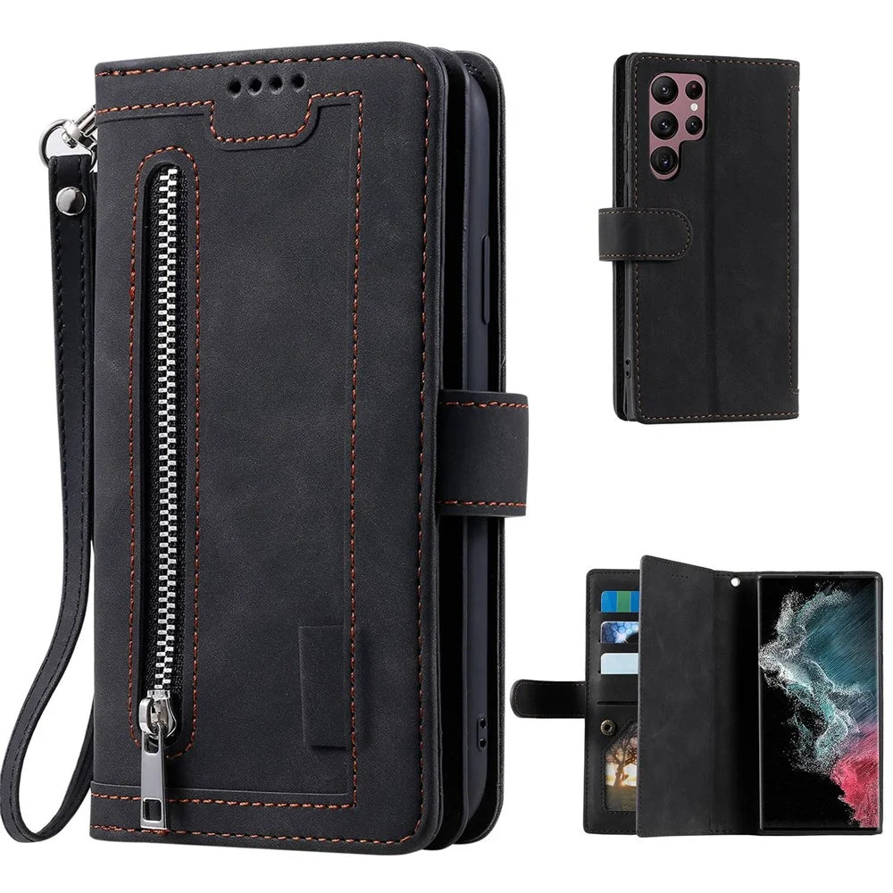 For Samsung Galaxy S23 Ultra Zipper Pocket 9 Card Slots Design PU Leather Wallet Cover Foldable Stand Phone Drop-proof Case with Hand Strap - Black - 1