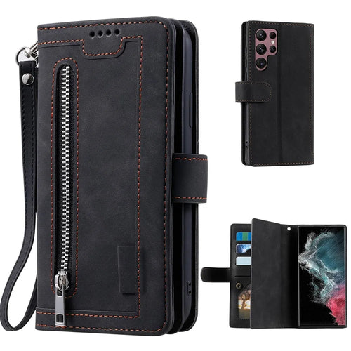For Samsung Galaxy S23 Ultra Zipper Pocket 9 Card Slots Design PU Leather Wallet Cover Foldable Stand Phone Drop-proof Case with Hand Strap - Black - 1