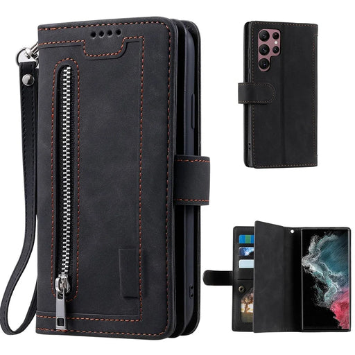 For Samsung Galaxy S23 Ultra Zipper Pocket 9 Card Slots Design PU Leather Wallet Cover Foldable Stand Phone Drop-proof Case with Hand Strap - Black - 1