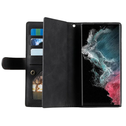 For Samsung Galaxy S23 Ultra Zipper Pocket 9 Card Slots Design PU Leather Wallet Cover Foldable Stand Phone Drop-proof Case with Hand Strap - Black - 2