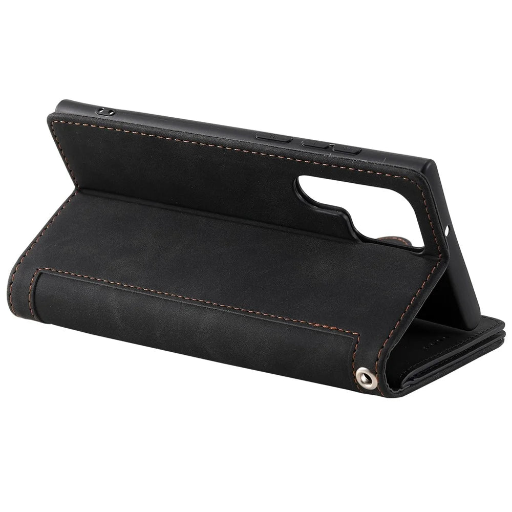 For Samsung Galaxy S23 Ultra Zipper Pocket 9 Card Slots Design PU Leather Wallet Cover Foldable Stand Phone Drop-proof Case with Hand Strap - Black - 3