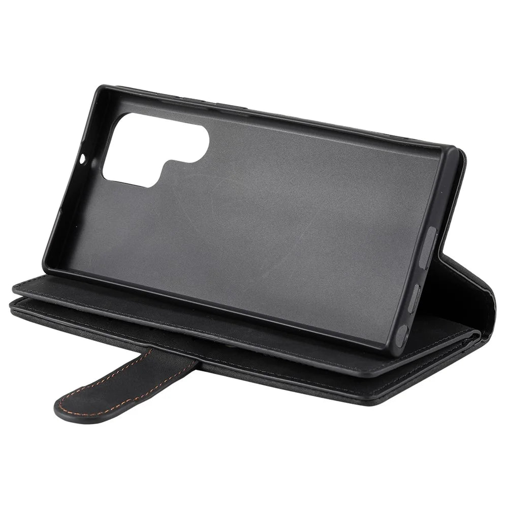 For Samsung Galaxy S23 Ultra Zipper Pocket 9 Card Slots Design PU Leather Wallet Cover Foldable Stand Phone Drop-proof Case with Hand Strap - Black - 4