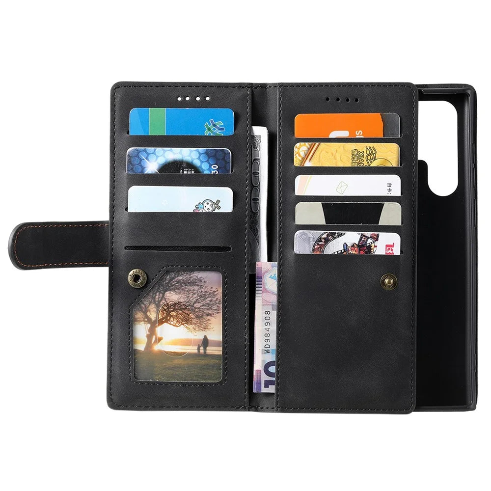 For Samsung Galaxy S23 Ultra Zipper Pocket 9 Card Slots Design PU Leather Wallet Cover Foldable Stand Phone Drop-proof Case with Hand Strap - Black - 5