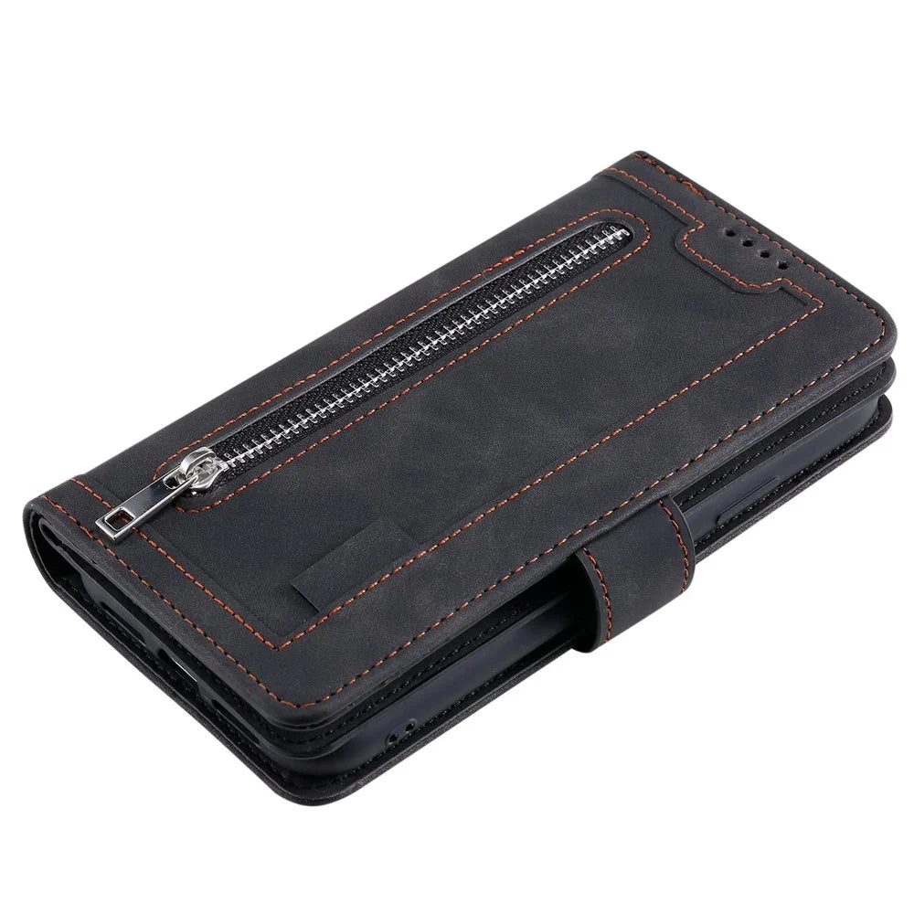 For Samsung Galaxy S23 Ultra Zipper Pocket 9 Card Slots Design PU Leather Wallet Cover Foldable Stand Phone Drop-proof Case with Hand Strap - Black - 6