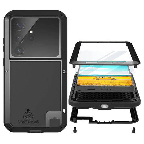 LOVE MEI For Samsung Galaxy S26 Ultra Case Metal + Silicone Full Body Phone Cover with Tempered Glass Film - Black - 1