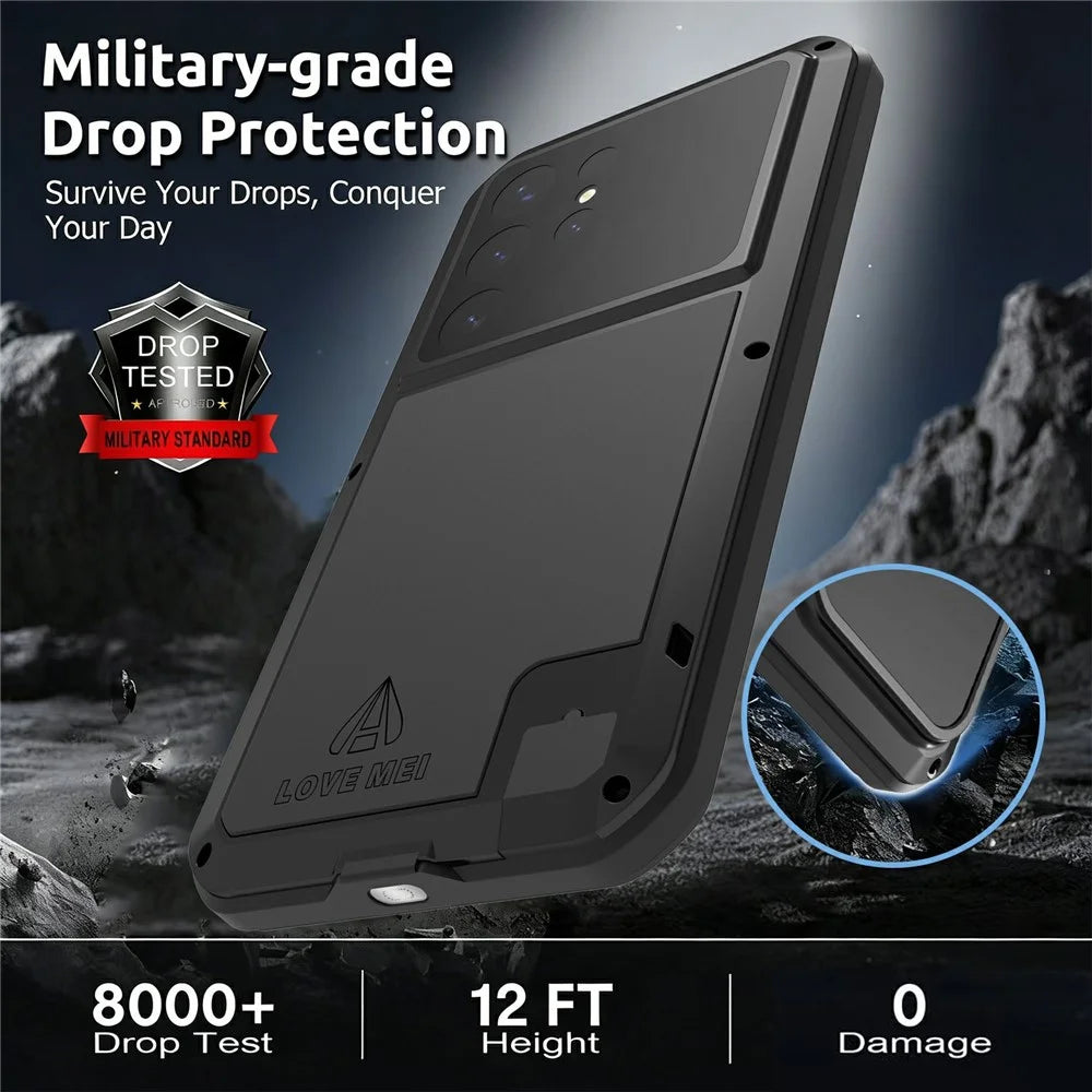 LOVE MEI For Samsung Galaxy S26 Ultra Case Metal + Silicone Full Body Phone Cover with Tempered Glass Film - Black - 6