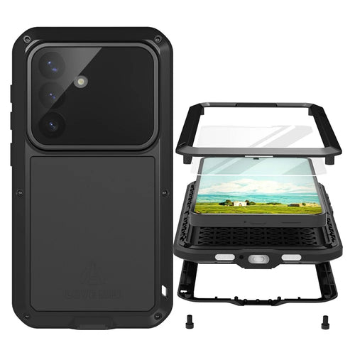 LOVE MEI For Samsung Galaxy S26 Case Metal + Silicone Full Body Phone Cover with Tempered Glass Film - Black - 1