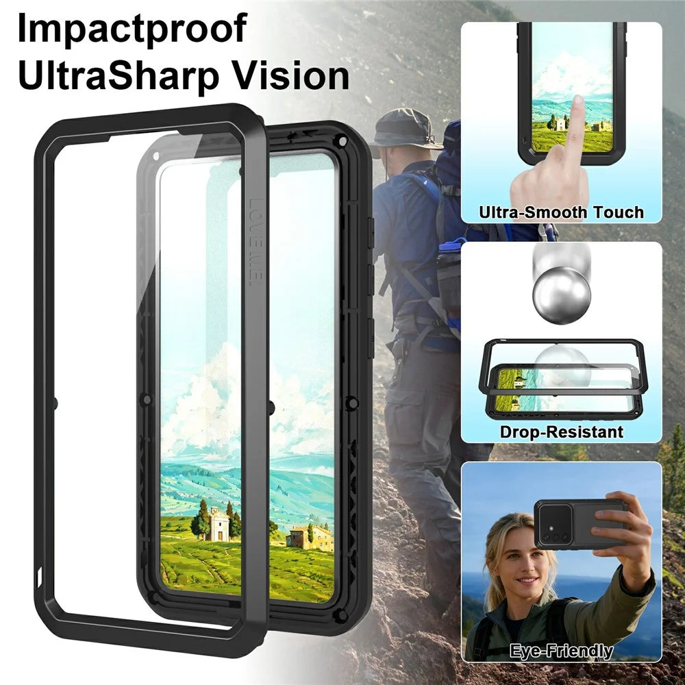 LOVE MEI For Samsung Galaxy S26 Case Metal + Silicone Full Body Phone Cover with Tempered Glass Film - Black - 3
