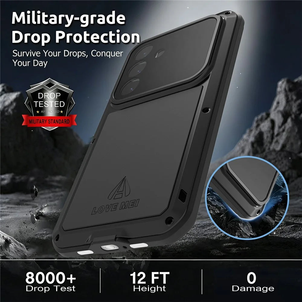 LOVE MEI For Samsung Galaxy S26 Case Metal + Silicone Full Body Phone Cover with Tempered Glass Film - Black - 6