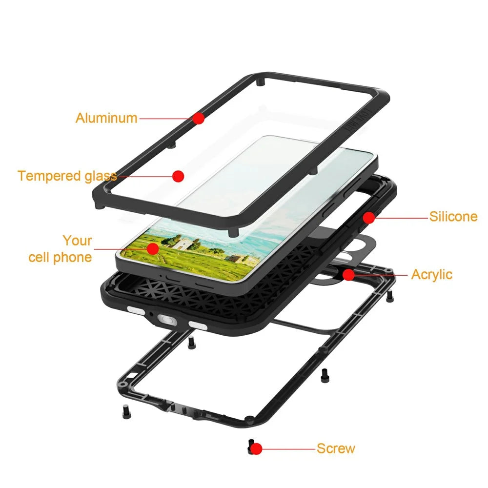 LOVE MEI For Samsung Galaxy S26 Case Metal + Silicone Full Body Phone Cover with Tempered Glass Film - Black - 7