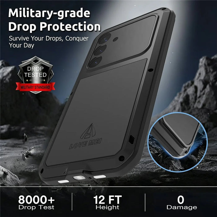 LOVE MEI For Samsung Galaxy S26+ Case Metal + Silicone Full Body Phone Cover with Tempered Glass Film - Black - 6