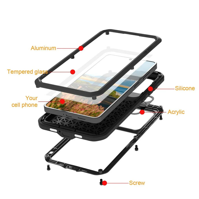 LOVE MEI For Samsung Galaxy S26+ Case Metal + Silicone Full Body Phone Cover with Tempered Glass Film - Black - 7